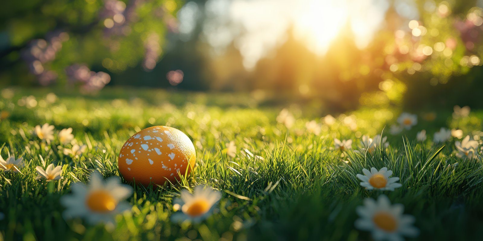 Colorful egg nestled in grass among blooming daisies during golden hour in a serene garden